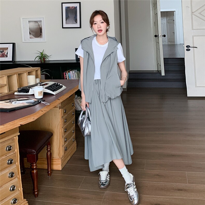 韩版休闲三件套装女夏季2025新款时尚连帽马甲不规则半身裙套装裙,女装套装/套裙,辉之琳