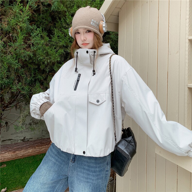 米白色连帽加厚绒派克棉服女秋冬2025新款韩系小个子短款冲锋衣,女装棉衣/棉服,2C218