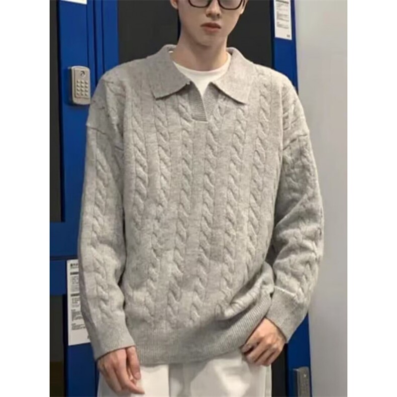 网络图，韩系宽松百搭设计感翻领麻花针织衫XZ302B-1-M0508P58,男装针织衫/毛衣,星座302B-1