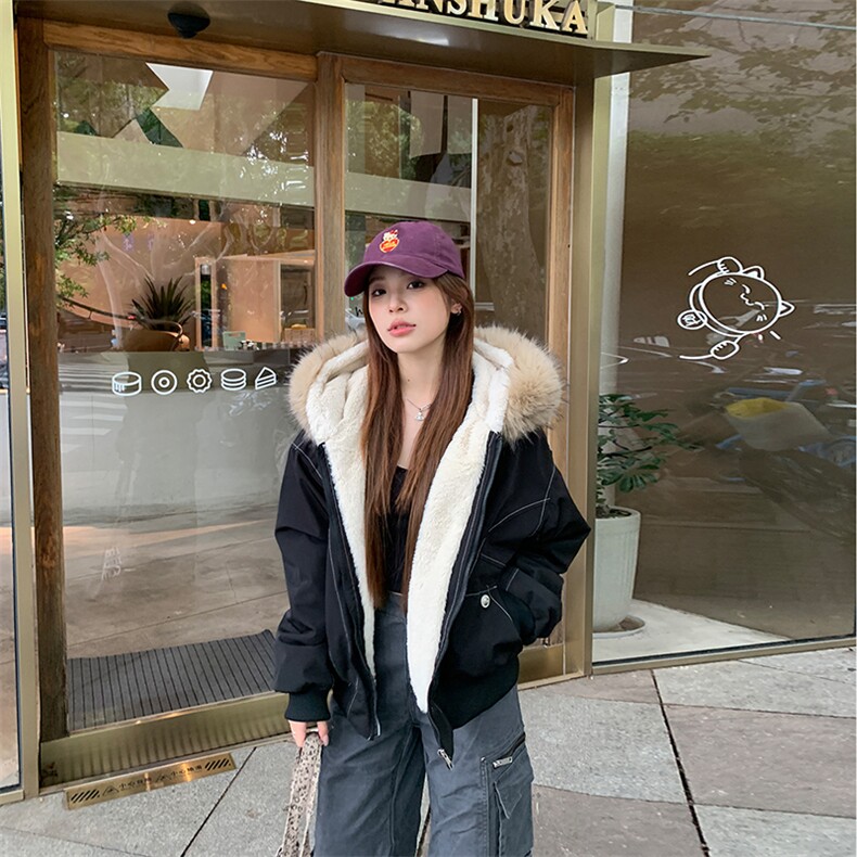 现货重磅boxy短款棉衣座山雕大毛毛领男女棉服水洗工装厚外套,男装棉衣,电商A486-1