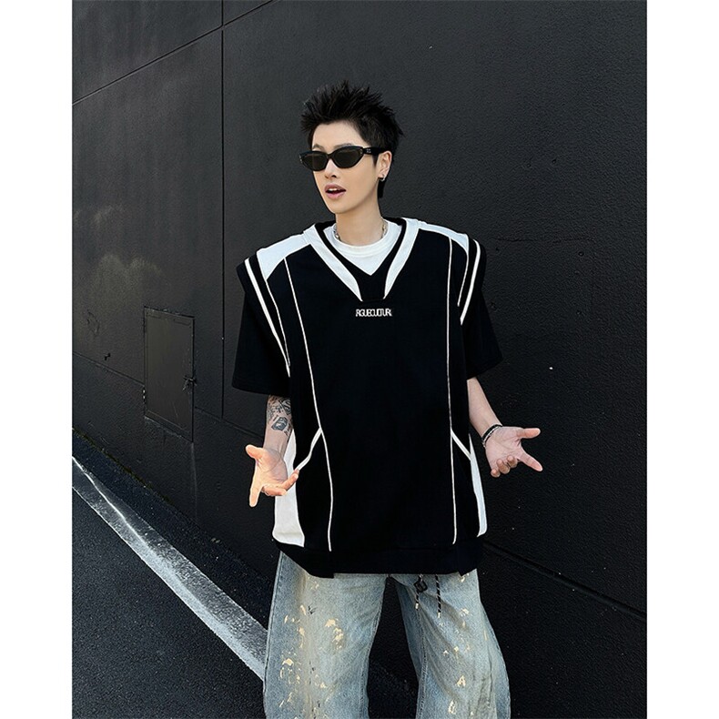 现货！25男士撞色设计感垫肩假两件短袖T恤DX185-P78,男装T恤,电商B288