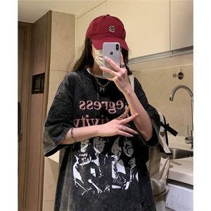 港风2026夏季中性水洗做旧半袖美式男女情侣复古短袖T恤衫S179P43图片