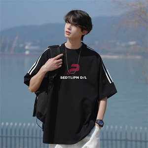 已注册新款抖音直播高品质三条杠运动宽松男短袖T恤T6007P28图片