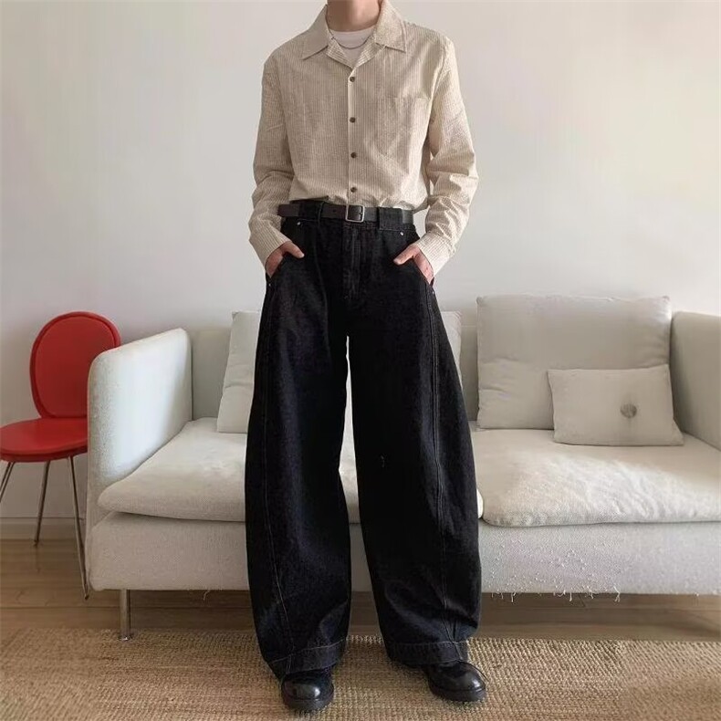 美式复古弯刀廓形黑色牛仔裤潮牌高级感宽松阔腿长裤K7078P47网图，女装牛仔裤，电商B245