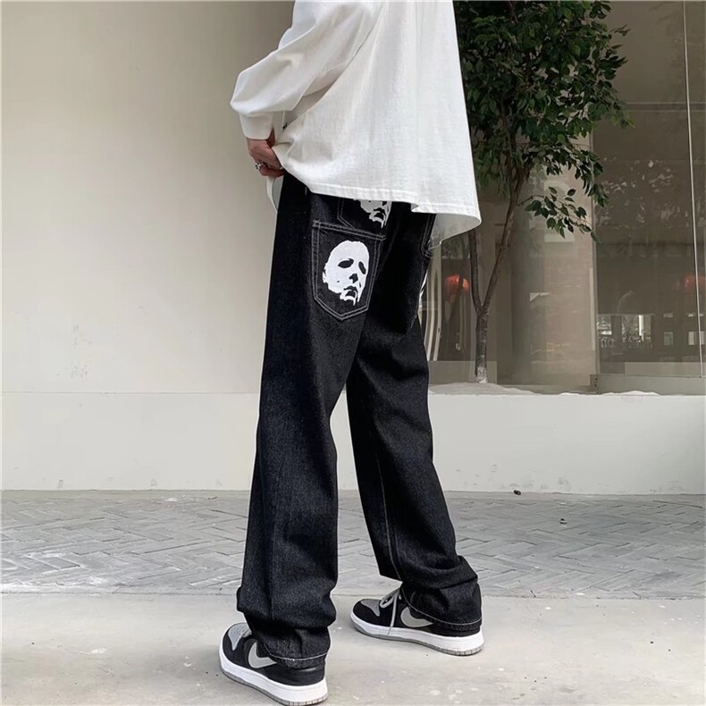 美式高街骷髅人头印花牛仔裤男女嘻哈宽松直筒阔腿长裤NK809-p48,男装牛仔裤,星座1008-1