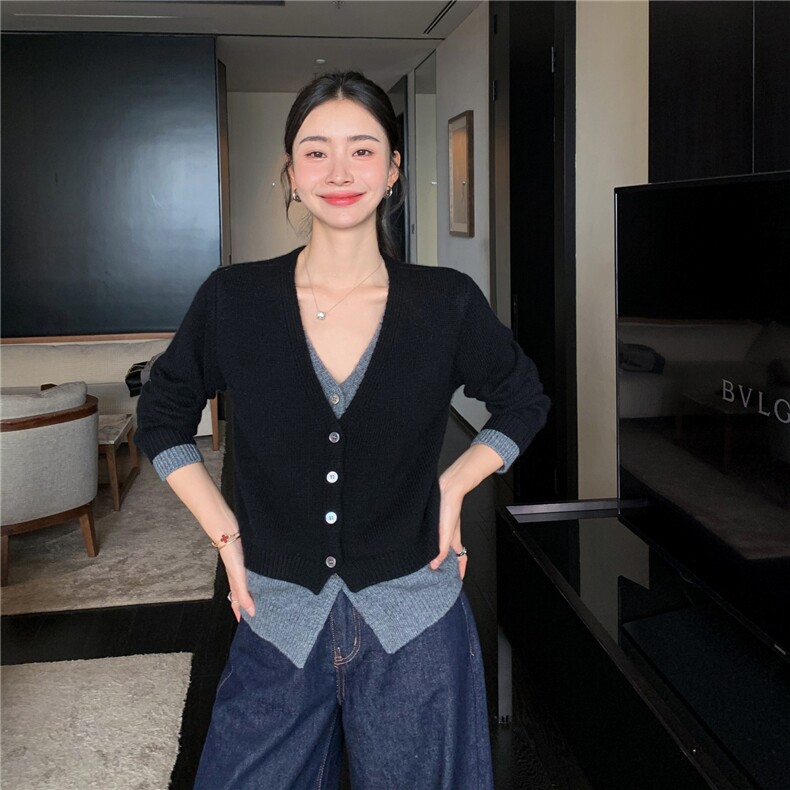 20025秋冬百搭时尚简约v领假两件开衫舒适百搭,女装羊绒衫,玛卡隆羊绒