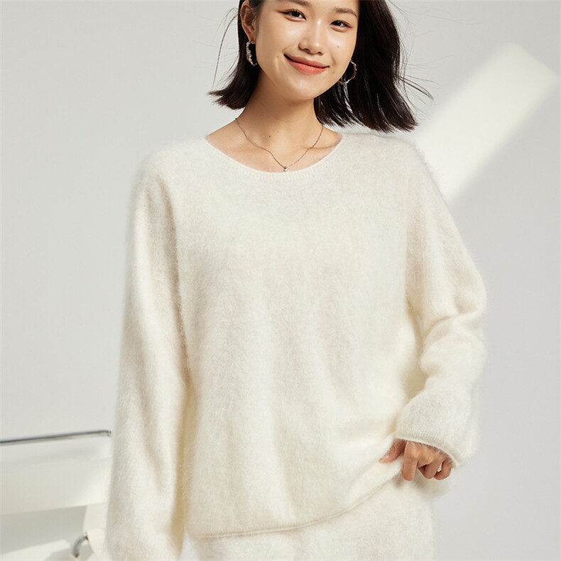 秋冬季羊绒休闲百搭时尚拉绒一线落肩圆领羊绒衫，女装羊绒衫，英集羊绒