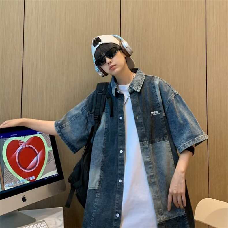 美式复古撞色拼接牛仔短袖衬衫男女设计感潮牌小众衬衣S1145-p55,男装衬衫,星座1008