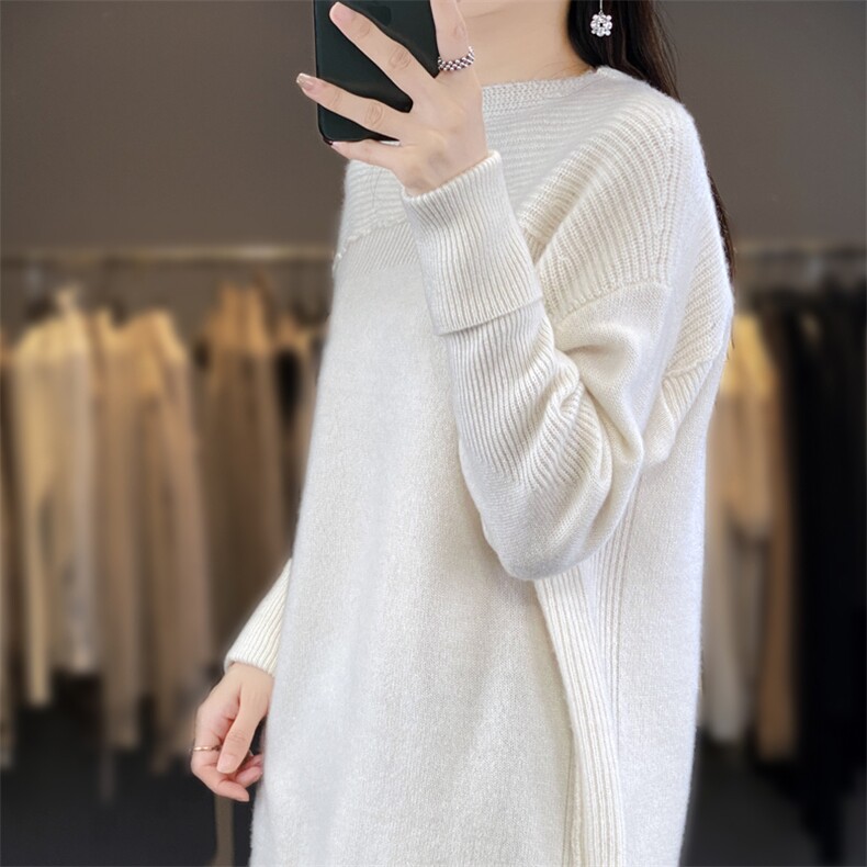 2024秋冬季新款圆领宽松外穿女中长款羊毛上衣,女装羊毛衫,迅太羊绒