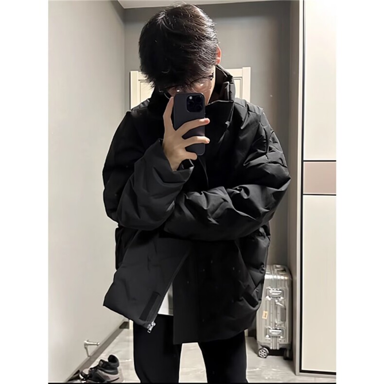 黑色褶皱菱形格棉服男款cleanfit美式面包服高街立领纯色外套,男装棉衣,星座506A