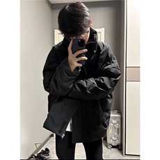 黑色褶皱菱形格棉服男款cleanfit美式面包服高街立领纯色外套，男装棉衣，星座506A