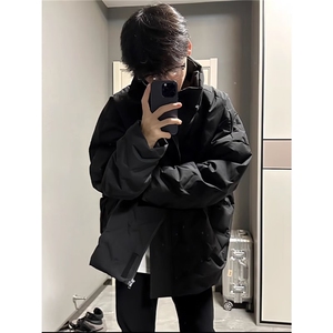 黑色褶皱菱形格棉服男款cleanfit美式面包服高街立领纯色外套
