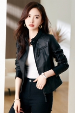 2024春秋季女装新款大量现货时尚收腰显瘦立领短款皮衣，女装皮衣，魅衣本色