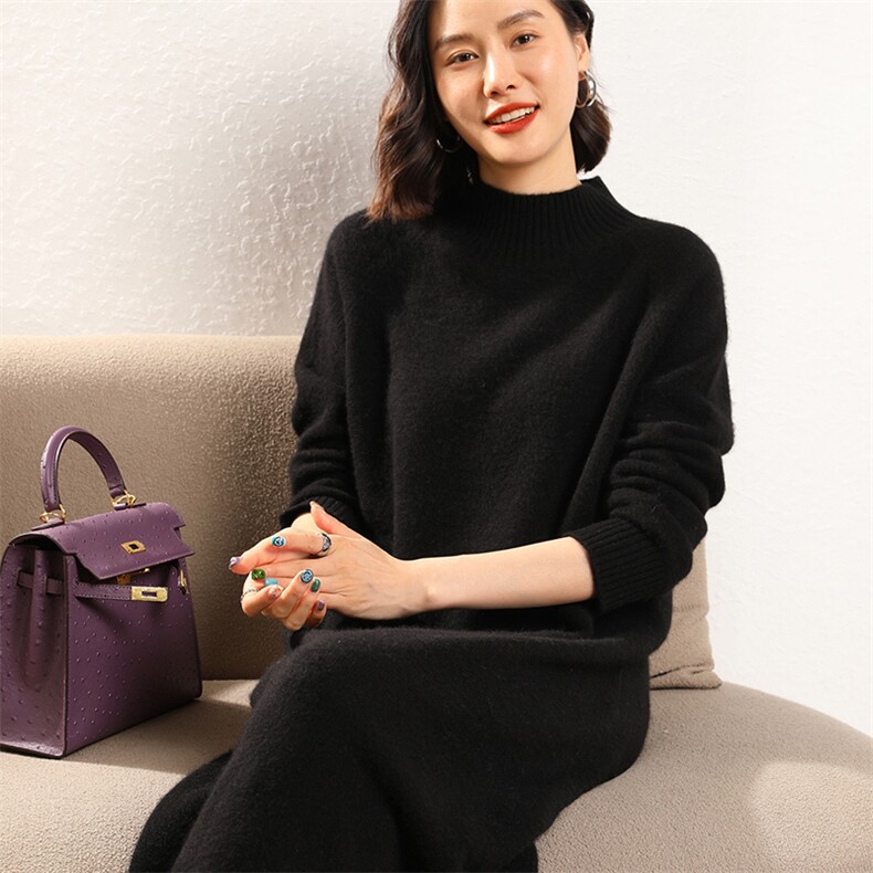 羊绒衫中长款V领秋冬慵懒软糯休闲宽松保暖针织连衣裙,女装连衣裙,五色羊羊绒