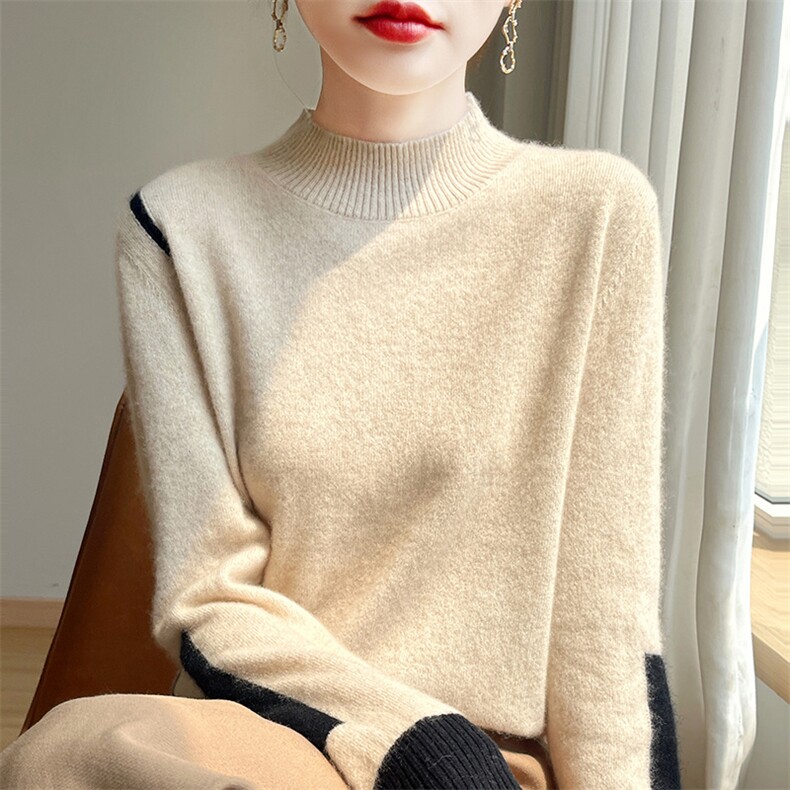 时尚百搭女士羊毛拼色高领今年流行漂亮内搭打底衫冬女毛衣针织衫,女装羊毛衫,郡淞羊绒