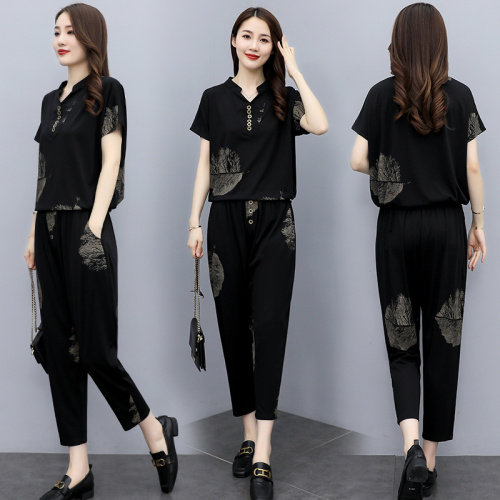 2021夏季时尚简约大方气质优雅半袖收腰显瘦宽松复古领口休闲潮流风两件套，商品下架区商品下架区，华秀衣