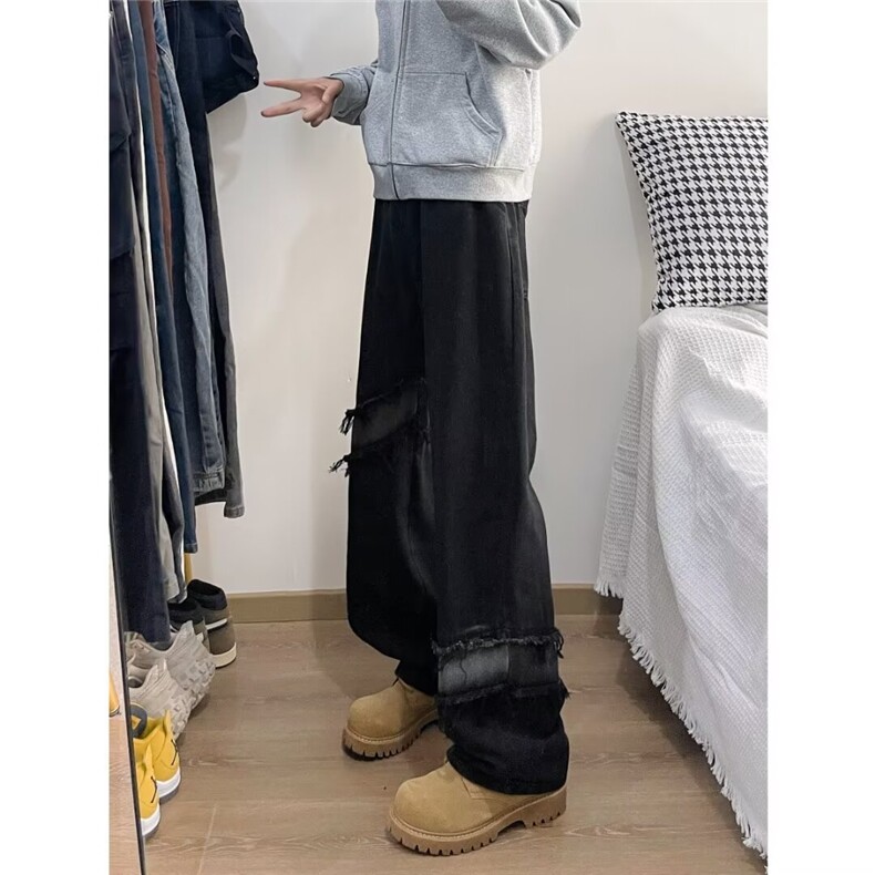 美式复古vibe裤子毛边破洞拼接牛仔裤男款直筒宽松阔腿裤NM2018,男装牛仔裤,星座1116A-1（原606A）