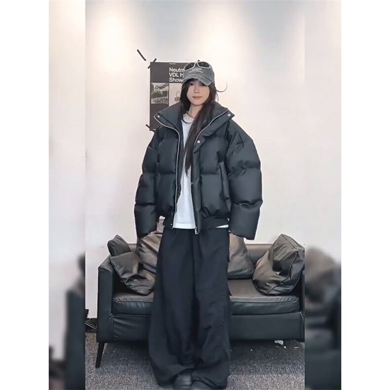 现货5W件冬季三防重磅硬挺boxy短款羽绒立领PU皮棉衣外套加厚棉服，男装棉衣，电商A486-1