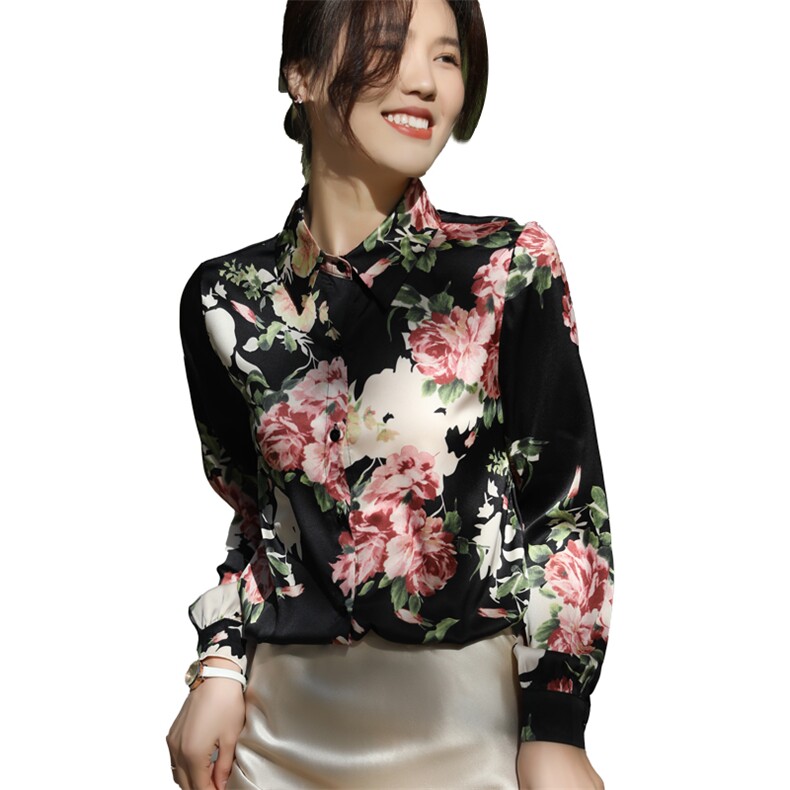 真丝短袖女七分袖25新款夏季高端气质印花宽松小衫桑蚕丝T恤上衣,女装衬衫,朝贺羊绒