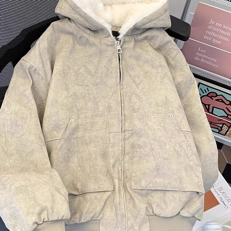 美式潮牌宽松连帽开衫加绒棉衣重磅男女廓形boxy版型运动休闲外套,男装棉衣,星座506A