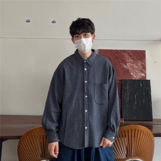 秋冬美式复古撞色小格子衬衫休闲宽松百搭情侣翻领衬衣长袖，男装衬衫，星座506A