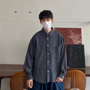 秋冬美式复古撞色小格子衬衫休闲宽松百搭情侣翻领衬衣长袖图片