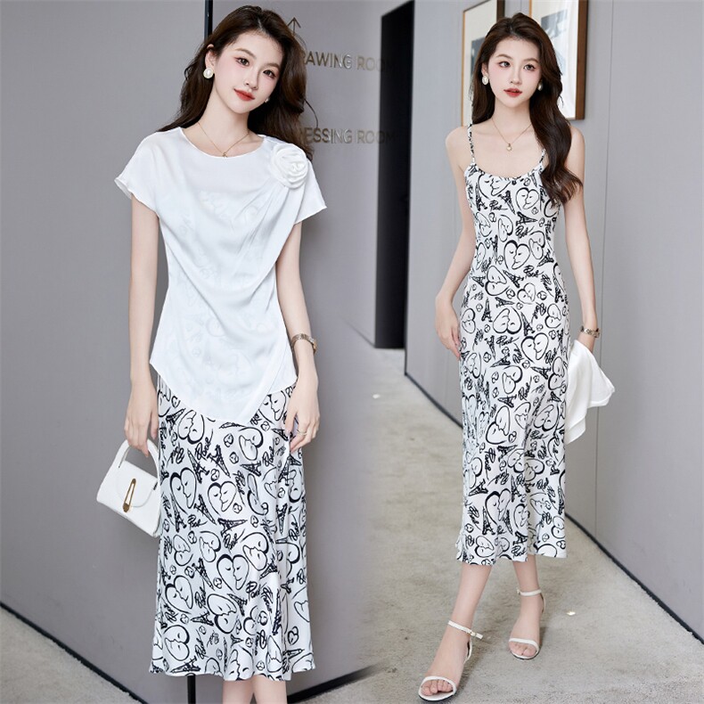 现货2024年夏季时尚气质优雅印花减龄洋气立体花两件套套裙图片