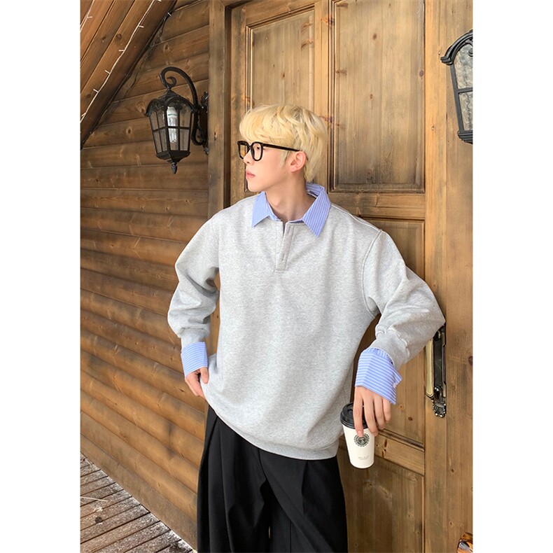 抖音得物高品质26春装美式高街假两件衬衫领长袖卫衣POLO领打底衫,男装T恤,电商A486-1