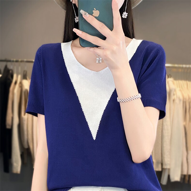 法式高级V领冰丝针织短袖T恤女2025夏季新款宽松正肩薄款百搭上衣,针织衫/毛衣,萱芳婷羊绒