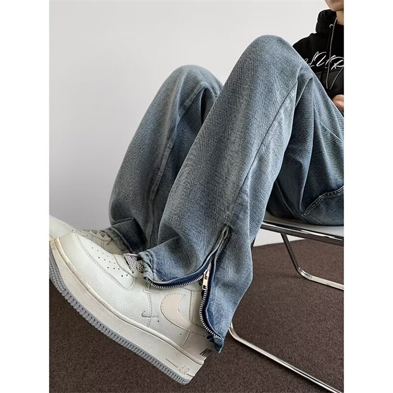 国潮美式复古蓝色牛仔裤男春秋季潮牌宽松情侣百搭直筒阔腿长裤子，男装牛仔裤，星座1116-2