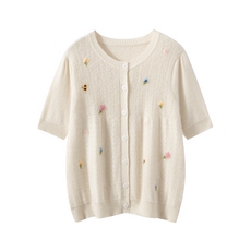 100%纯山羊绒针织开衫女短袖外套秋季新款百搭洋气绣花毛衣T恤，女装T恤，雪山红莲