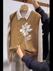 软糯羊绒圆领针织无袖马甲女秋装季新款复古刺绣百搭叠穿背心上衣，女装马甲，嘉日羊绒