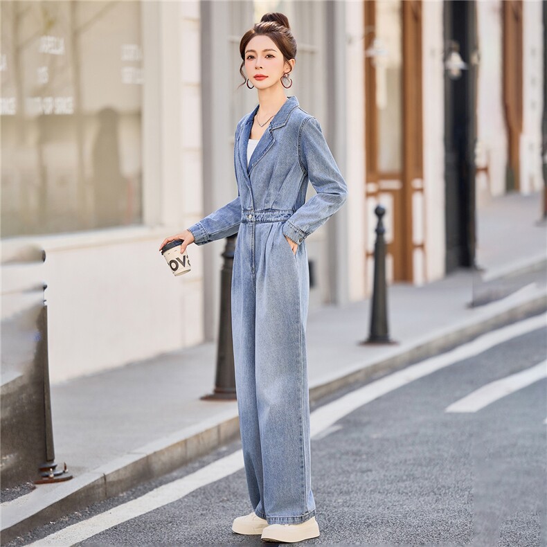 （新款现货）2026春装时尚显瘦西装领工装牛仔阔腿腰带连体裤女,女装连体裤,印象茜