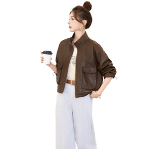欧货立领皮衣外套女2025春秋新款小个子休闲宽松百搭机车夹克上衣图片