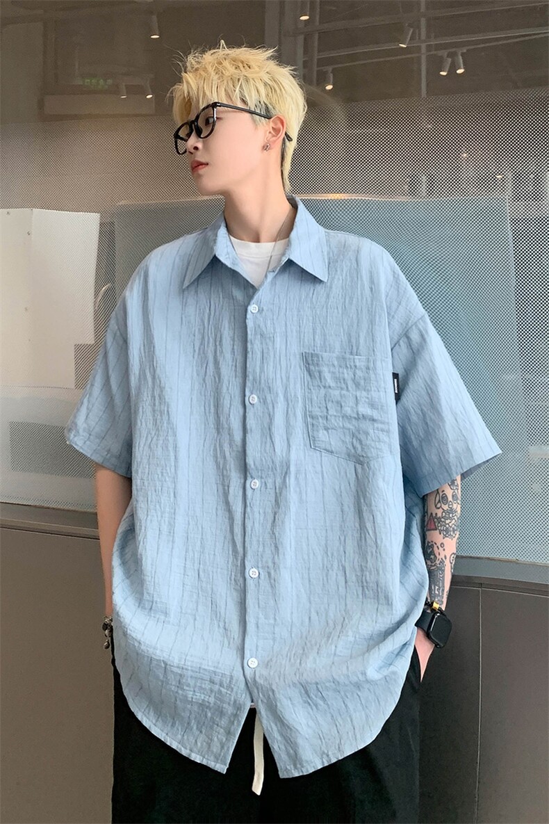 港风24条纹冰丝垂感透气短袖衬衫男女情侣衬衣薄外套上衣S312P48,男装T恤,电商A233-1