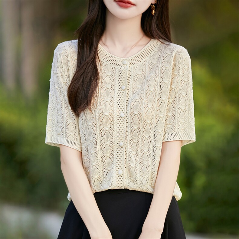 100%天丝镂空薄针织短袖开衫女2025夏凉感T恤小个子纯色半袖上衣，女装针织衫/毛衣，暖烁羊绒