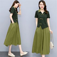 高端复古棉麻连衣裙女夏季2024新款休闲显瘦条纹亚麻套装裙两件套，女装套装/套裙，布芭啦