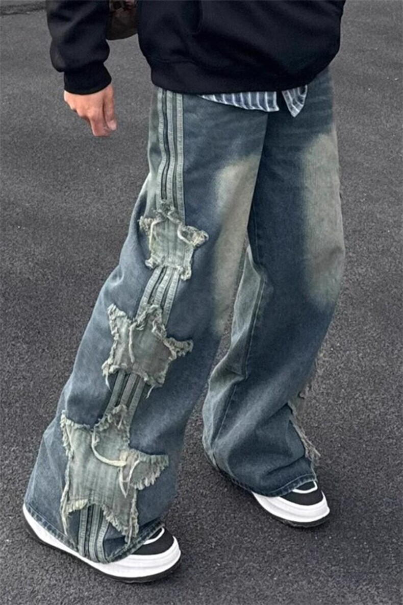 美式复古高街星星贴布设计感拼接牛仔裤NZ729特P60,男装牛仔裤,星座908-1