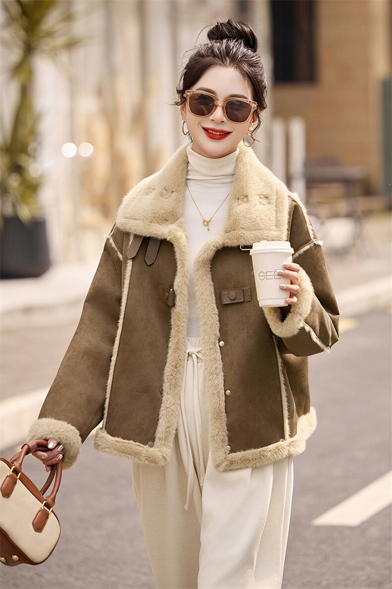2025新款机车服皮毛一体仿貂毛休闲外套,女装棉衣/棉服,奕可儿