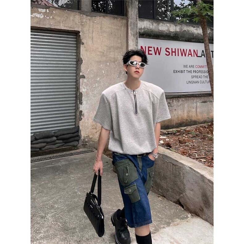 高级感半拉链垫肩t恤男cleanfit重磅短袖美式高街铆钉设计感半袖,男装T恤,星座506A