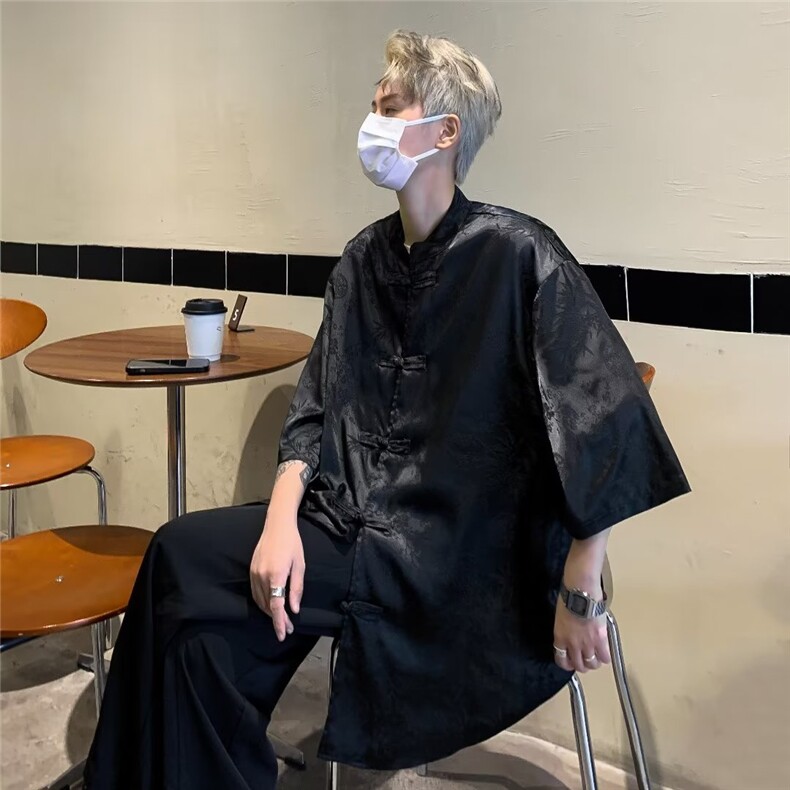 新中式盘扣龙袍短袖白衬衫男高级感风唐装冰丝外套式衬衣夏季,男装衬衫,星座601-2