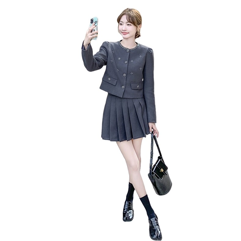 法式小香风套装裙女2025春季新款超好看减龄气质显瘦百褶裙两件套,女装套装/套裙,1D102-1