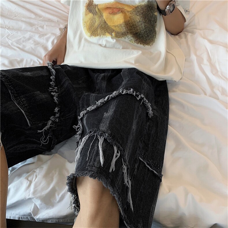 扎染毛边牛仔裤男夏季潮牌水洗美式复古高街宽松五分裤K3224-P38,男装牛仔裤,星座512-2