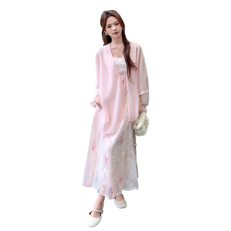 《现货26夏上新》重工蕾丝拼接刺绣吊带仙女裙天丝披肩防晒连件套,女装连衣裙,苗苗