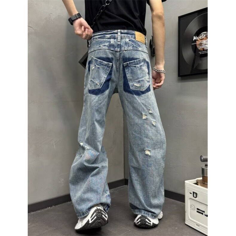 做旧破洞设计弯刀牛仔裤男女高街宽松直筒拖地长裤子NK1017,男装牛仔裤,星座1116A（原606A-3）