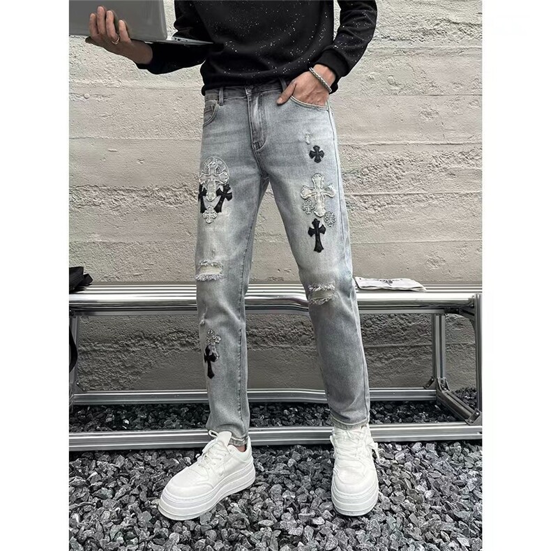 水洗做旧破洞牛仔裤男时尚直筒宽松欧美高街vibe风长裤子NZT333,男装牛仔裤,星座516A