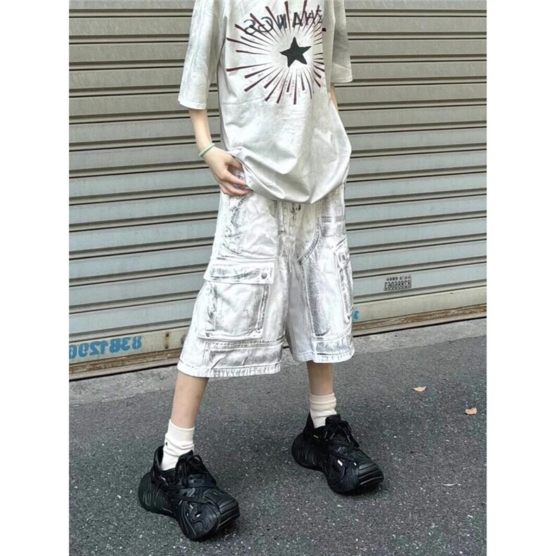 网络图美式高街做脏工装牛仔五分裤男夏季新款百搭宽松直筒短裤,男装牛仔裤,星座410-7