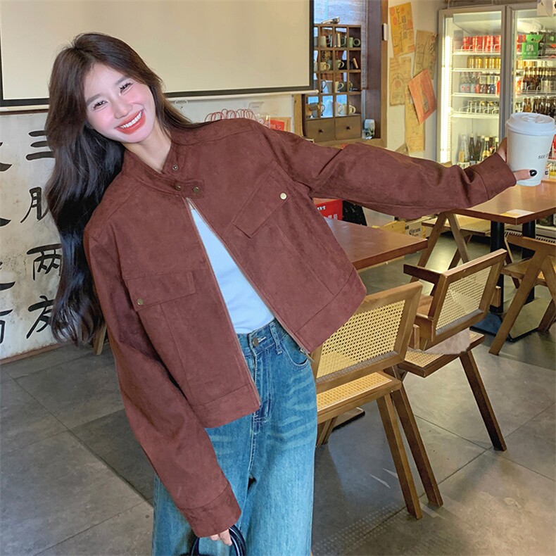 安可拉红麂皮绒立领外套女秋2025新款高级感美拉德小个子休闲夹克,女装短外套,浙宝212A