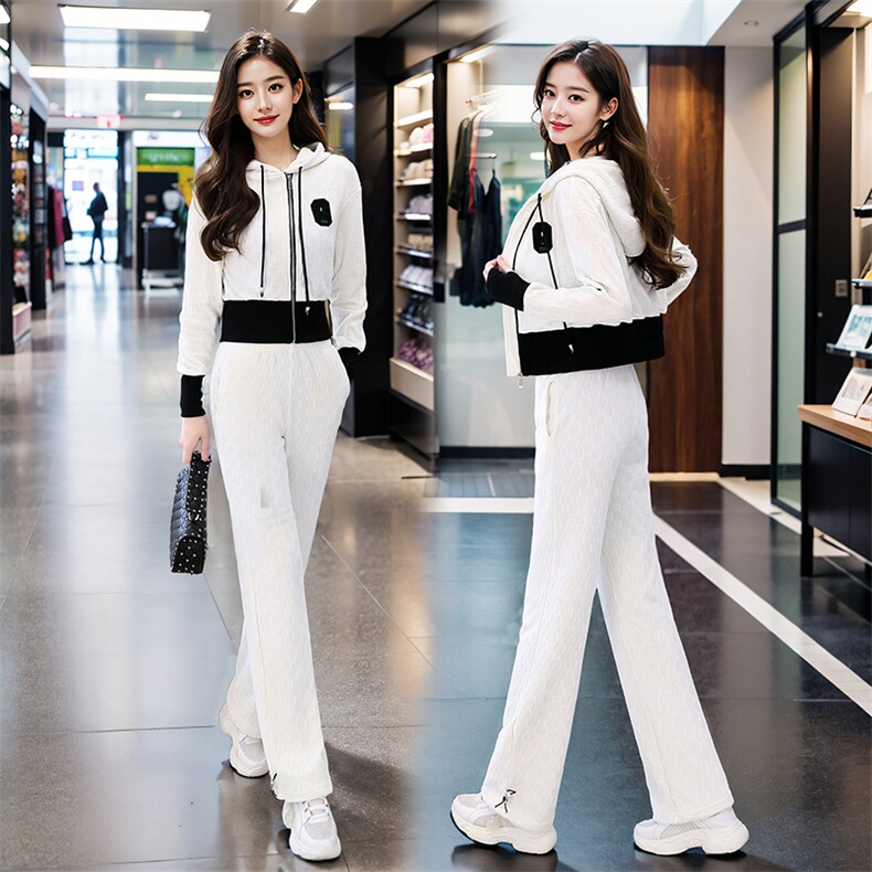 雪尼尔休闲运动服套装女2024新款棋盘格连帽阔腿裤两件套,女装套装/套裙,火爆靓佳人