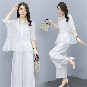 时尚衬衣套装女夏2025新款夏装韩版宽松显瘦气质棉麻两件套阔腿裤，女装套装/套裙，水衣源